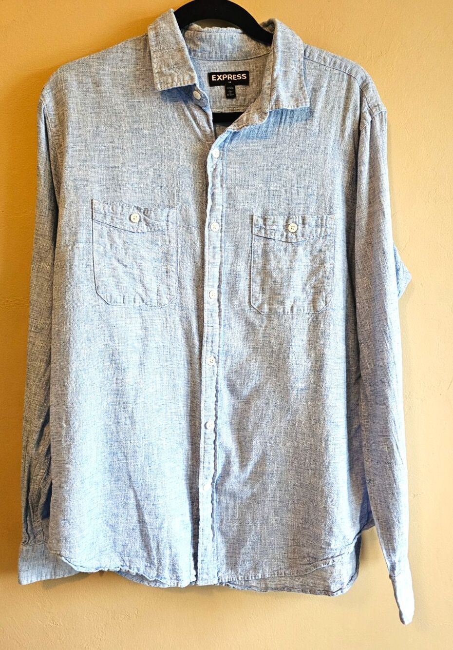 Express Men Button Down Long Sleeve Shirt Heather blue linen blend Size L